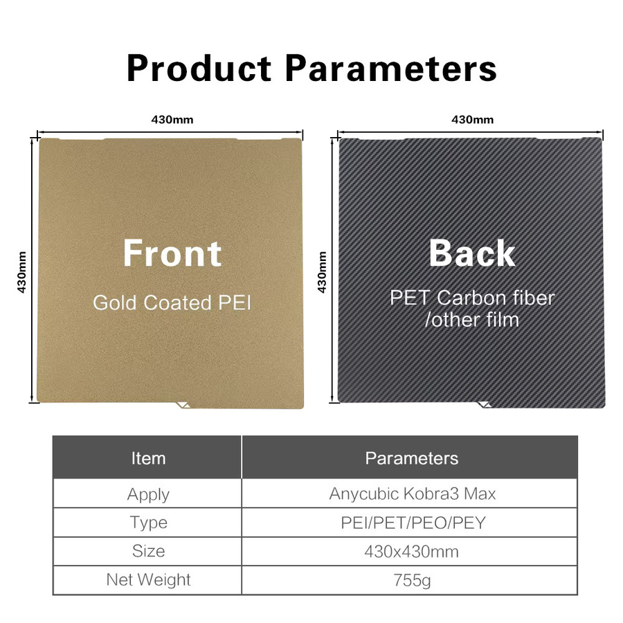 Anycubic Kobra 3 Max Combo Federstahlblech mit PEI-Textur für 3D-Drucker, Farbe: Gold, B/T: 430 x 430 mm - Bild 3