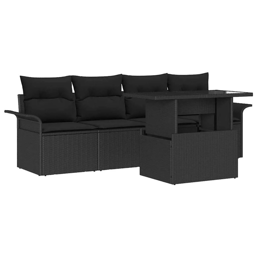 vidaXL 5-teiliges Garten-Sofa-Set aus Polyrattan in Schwarz mit Kissen und Ottoman für Garten, Balkon und Terrasse - Bild 2