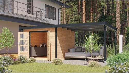 KARIBU Gartenhaus Haby A in Anthrazit-Braun, Blockbohlenhaus mit Außenmaß B: 574 cm, H: 218,5 cm, T: 271 cm - Bild 1