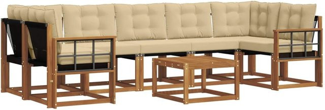 vidaXL Outdoor-Sofagarnitur 8-tlg. in L-Form aus Akazienholz mit Kissen und Couchtisch, Farbe: Braun und Beige - Bild 1