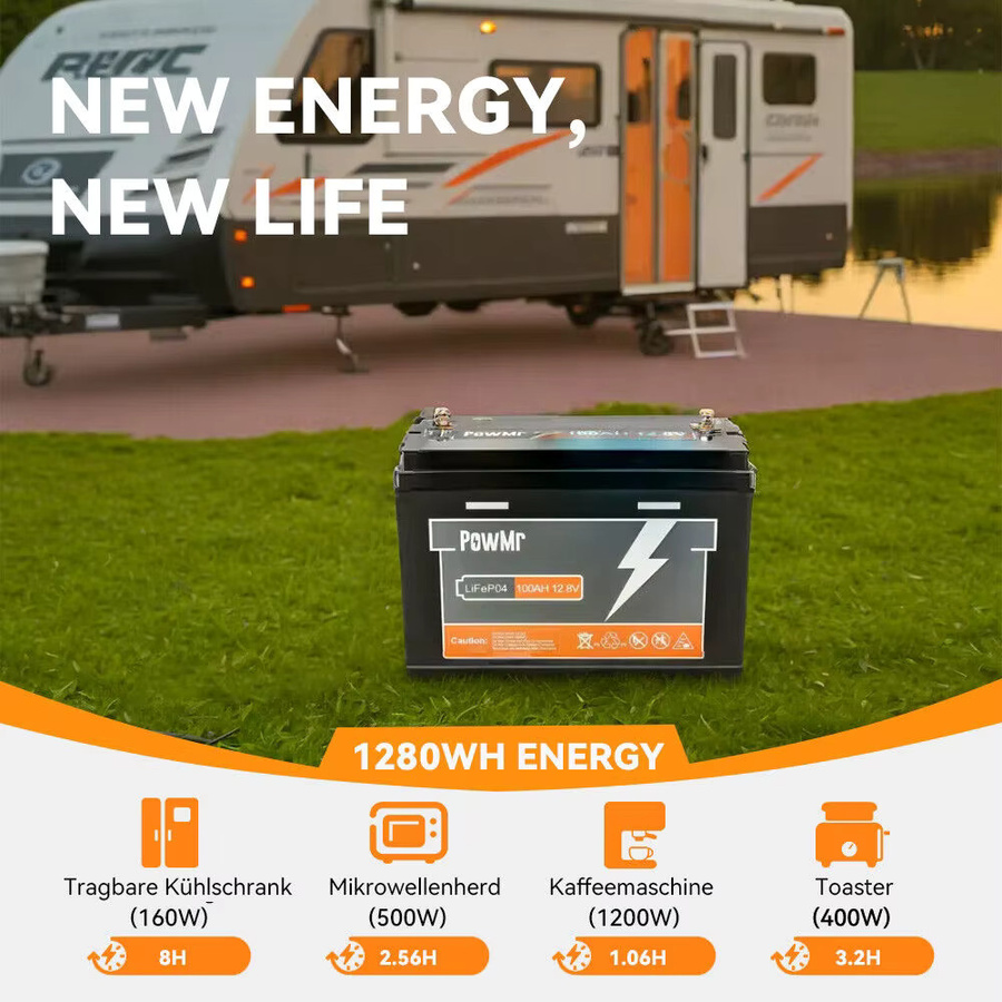 PowMr Lithium-Eisenphosphat Batterie 12,8V 100Ah in Schwarz mit BMS und Niedertemperaturheizung für Solaranlagen, Boote und mobile Stromversorgung - Bild 3
