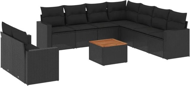 vidaXL 10-tlg. Garten-Sofagarnitur in L-Form aus Poly-Rattan und Akazienholz mit Kissen in Schwarz - Bild 1