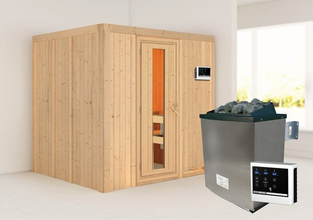 Karibu Sauna-Set Stina Bio-Sauna aus Fichte und Espe mit 9,0 kW BioKombiofen, externer Steuerung und Energiespartür, B/T/H: 196 x 170 x 198 cm - Bild 1