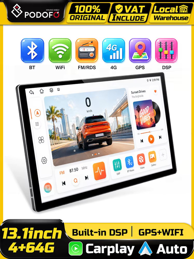 Podofo Android Multimedia Autoradio mit 13,1 Zoll 2K Bildschirm, 8-Kern Prozessor, 4GB RAM, 64GB Speicher, kabelloses CarPlay, Android Auto, GPS, WiFi, Bluetooth, Schwarz - Bild 7