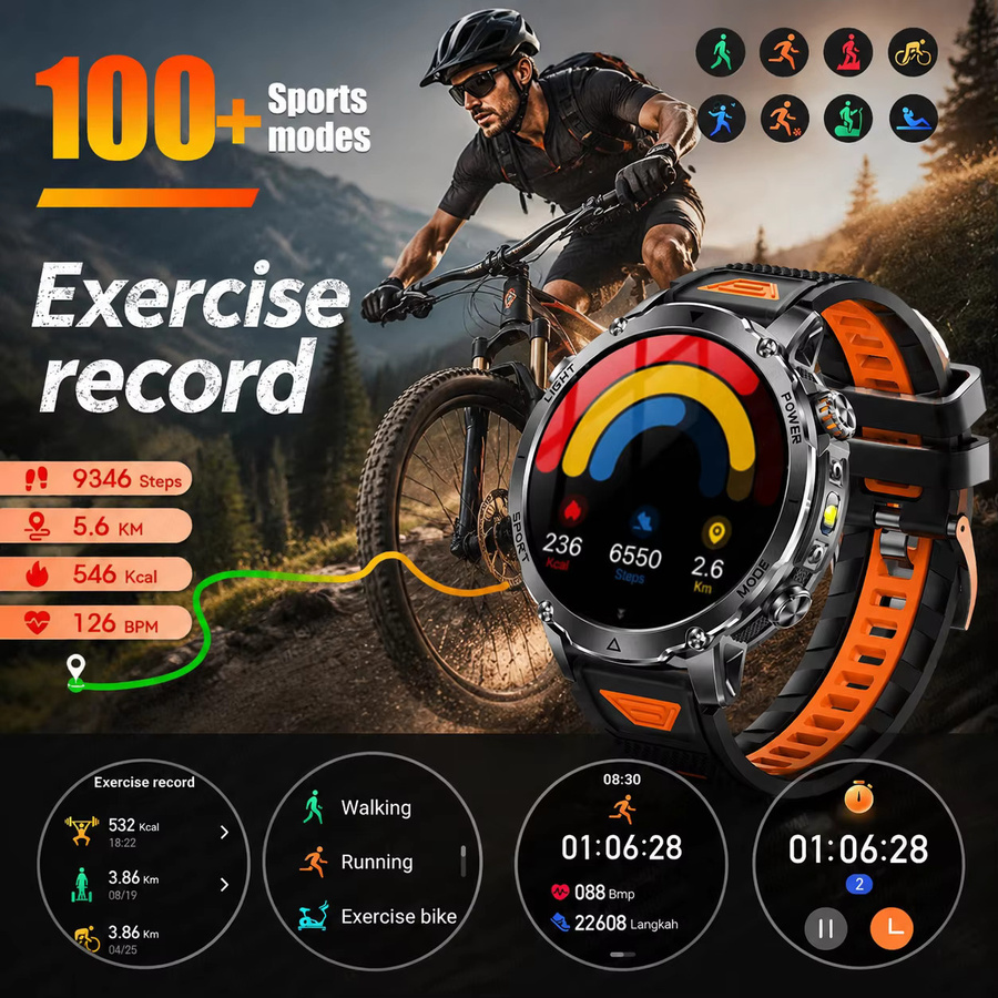 KAVSUMI Smartwatch für Herren mit AMOLED Display, GPS, Bluetooth-Anruffunktion und Taschenlampe, IP68 wasserdicht, 1400mAh Akku, Grau/Orange - Bild 5