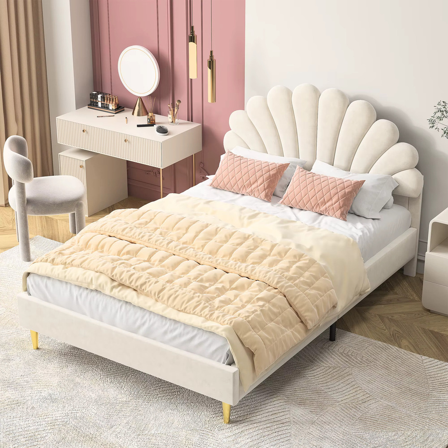 Anajqaqia Polster-Doppelbett mit blumenförmigem Kopfteil für Kinder und Schlafzimmer, Rot/Beige, B: 90 cm, T: 200 cm - Bild 2