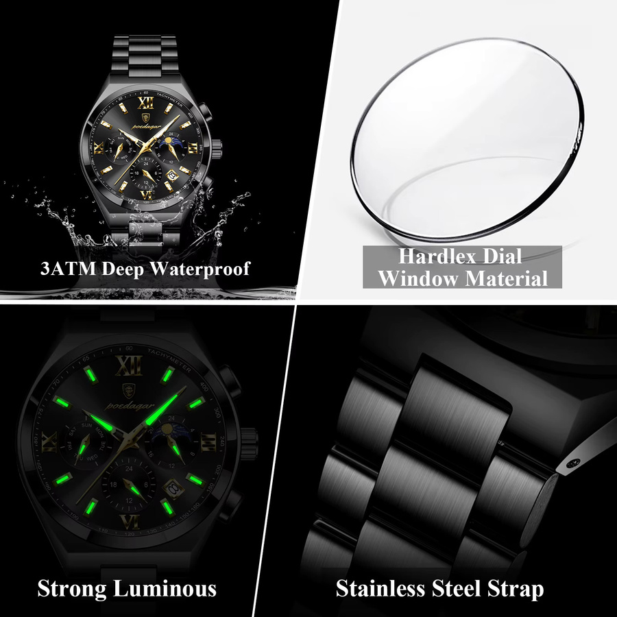 POEDAGAR Armbanduhr Quarz, Edelstahl, Schwarz, Silber, Herren - Bild 4