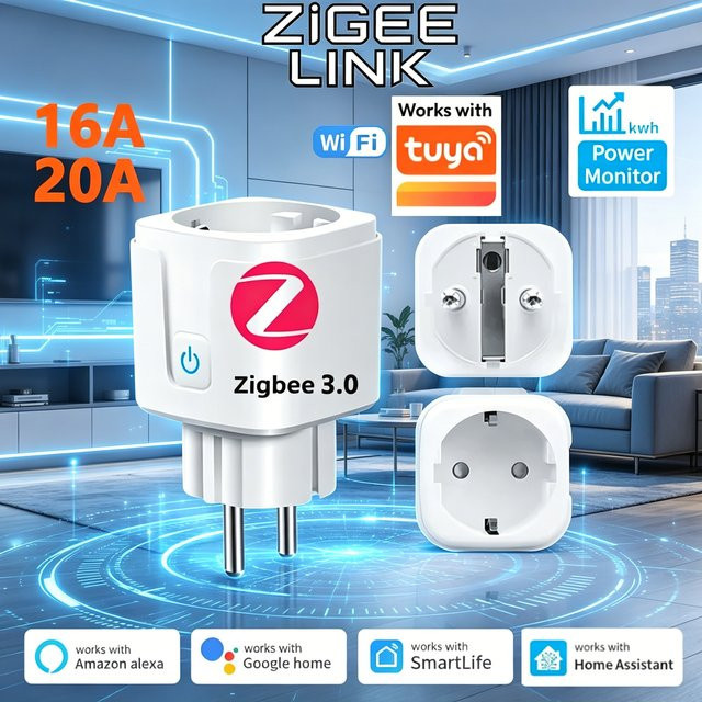 Tuya Zigbee Smart WiFi Steckdose mit Leistungsüberwachung in Weiß, kompatibel mit Smart Life App, Alexa und Home Assistant, EU-Stecker 16/20A - Bild 1