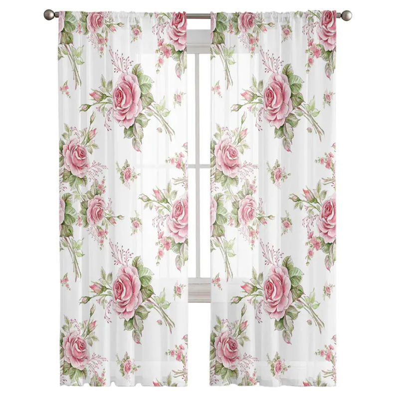 A Family Of Home Textiles Romantische Tüll-Vorhänge in Rosa, Transparente Chiffon-Vorhänge mit Blumenmuster, B/H: 135 x 114 cm, 2er-Set - Bild 3