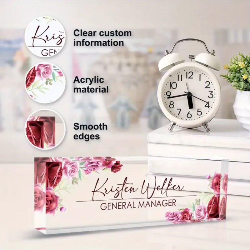 Personalisiertes Acryl-Schreibtisch-Namensschild von Hello Young mit rosa Blumenmuster - Bild 3