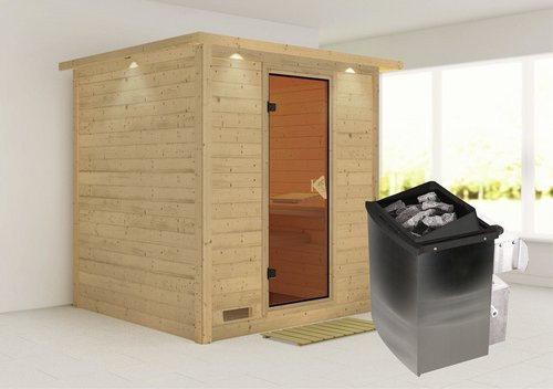 Karibu Sauna Sindi aus Fichtenholz in Beige inklusive 9 kW Saunaofen mit integrierter Steuerung für 4 Personen, B/T/H: 221 x 198 x 212 cm - Bild 1