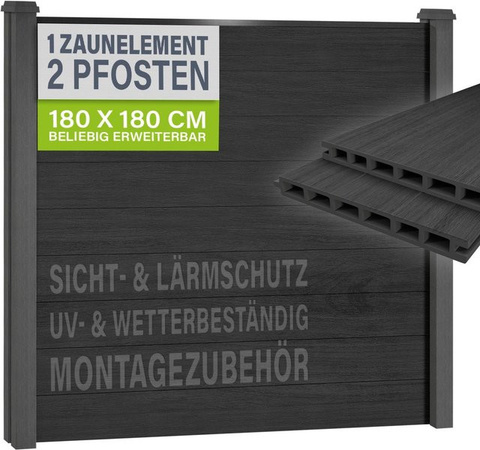 JUSKYS WPC Sichtschutzzaun Set in Anthrazit Grau aus WPC und Stahl mit 1 Element und 2 Pfosten, Höhe: 180 cm, Breite: 180 cm