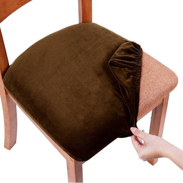 Waschbare und elastische Samt-Spandex-Sitzbezüge für Esszimmerstühle in Dunkelbraun - Bild 1