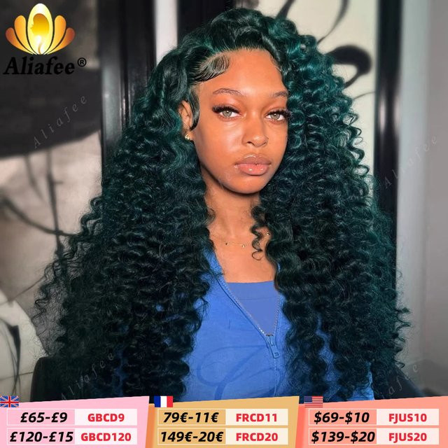Aliafee Deep Wave Echthaar-Perücke, Dunkelgrün, 13x6 HD Lace Frontal, 200% Dichte - Bild 1