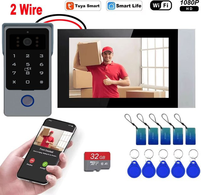 AJXML 2-Draht-Video-Gegensprechanlage mit 7-Zoll-Touchscreen, 1080P WLAN, Tuya-App-Steuerung und IC-Kartenfunktion in Schwarz - Bild 1