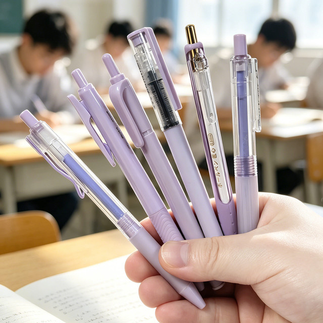 Yueyan 6-teiliges Gelstift-Set in Lila mit 5 schwarzen 0,5-mm-Gelstiften und 1 Textmarker, schnell trocknend für Schule und Büro - Bild 1