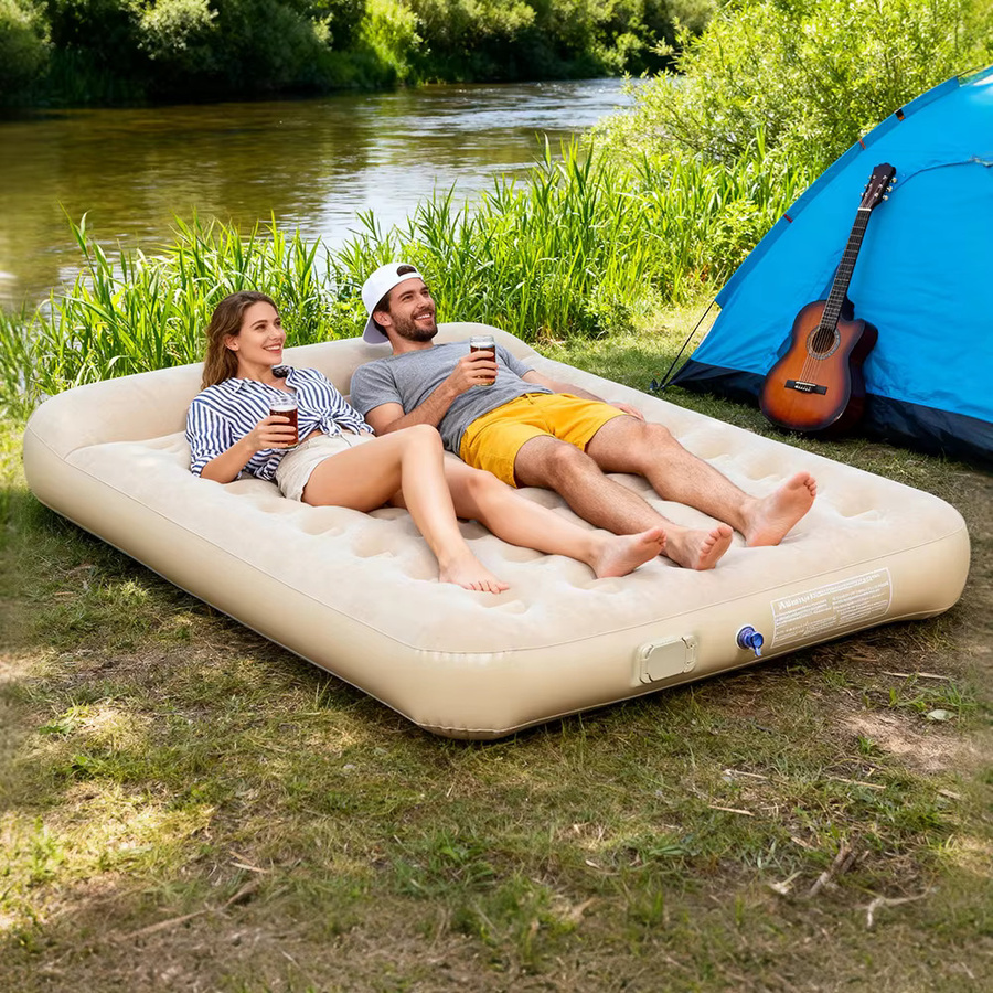 Aufblasbare 2-Personen-Luftmatratze von AZULBLANCO für Glamping und Camping mit integrierter Pumpe, Farbe: Grau/Beige, B/T/H: 190 x 140 x 25 cm - Bild 4