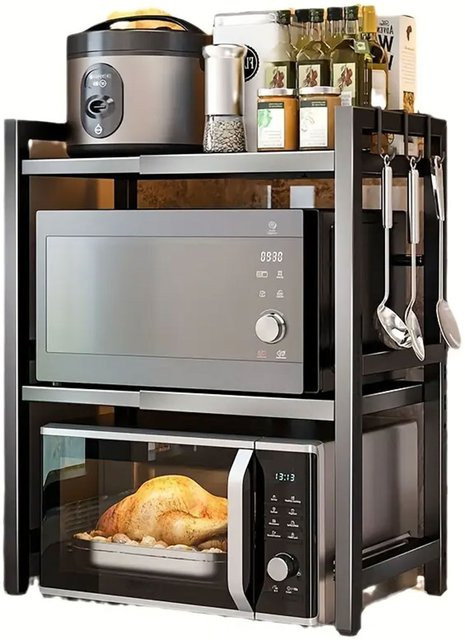 HGTUGO 3-stufiges Küchen-Mikrowellenregal aus Kohlenstoffstahl in Schwarz, höhenverstellbares und erweiterbares Aufbewahrungsregal für die Arbeitsplatte mit abnehmbaren Haken - Bild 1