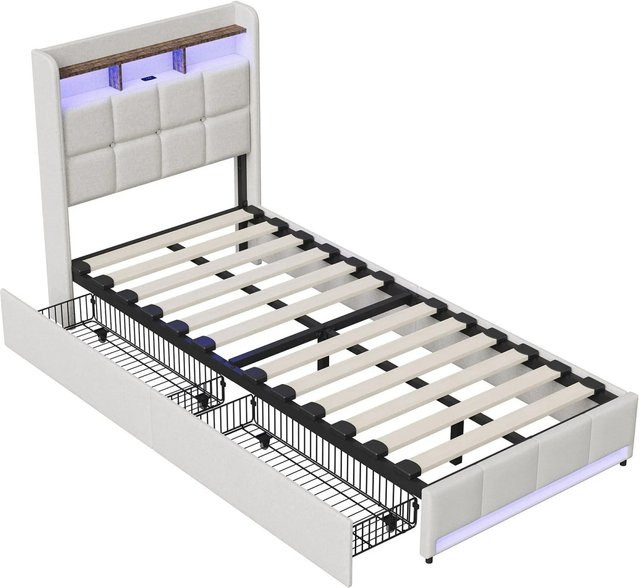 PXloue Einzelbett mit Schubladen und USB-Ladeport in Beige, gepolstert, B/T/H: 90 x 200 x 40 cm - Bild 1