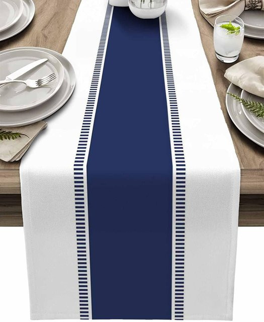 JMG Household Supplies Tischläufer aus Leinen mit geometrischem Streifenmuster in Blau, B/H: 150 x 33 cm - Bild 1