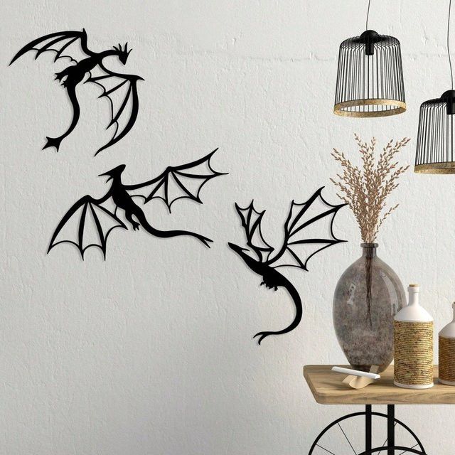 CIFBUY Drachen-Wandkunst aus Metall in Schwarz, 3er-Set Wanddekoration aus Eisen für Innen und Außen - Bild 1