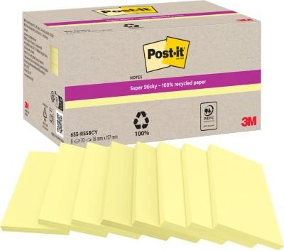 Post-it Super Sticky Recycling Notes 655-RSS8CY, gelb, B/H: 7,6 x 7,6 cm, extra starke Haftung auf Wänden und Türen aus 100% Recyclingpapier und PEFC-zertifiziert - Bild 1