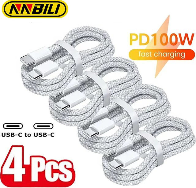 NNBILI 4er-Set USB-C auf USB-C Schnellladekabel mit 100W Leistung für iPhone 17 16 15, Samsung, Xiaomi und Huawei - Bild 1