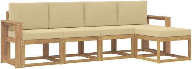 vidaXL Outdoor-Sofagarnitur L-Form aus Akazienholz mit Kissen und Ottoman, 5-tlg, Weiß und Beige - Bild 1