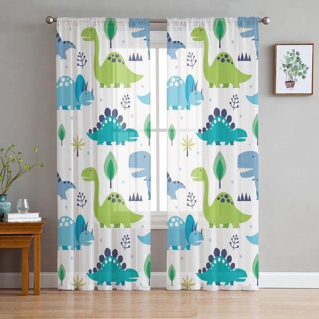 A Family Of Home Textiles Dinosaurier Cartoon Fenster Tüll Vorhang, halbtransparent, mehrfarbig, B: 135 cm, H: 114 cm - Bild 1