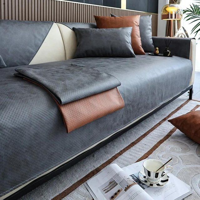 Wasserdichter Sofabezug aus Kunstrindsleder in Grau, rutschfester und verdickter Couchbezug für das Wohnzimmer, B/H: 70 x 150 cm - Bild 1