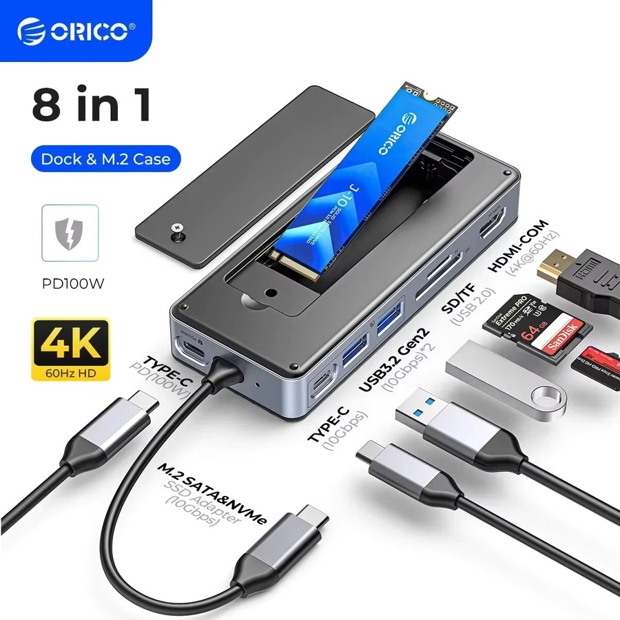 ORICO 8-in-1 USB-C Docking Station mit M.2 SATA/NVMe SSD Gehäuse, 10 Gbit/s, 4K60Hz HDMI, PD100W und RJ45 Ethernet, Grau - Bild 5