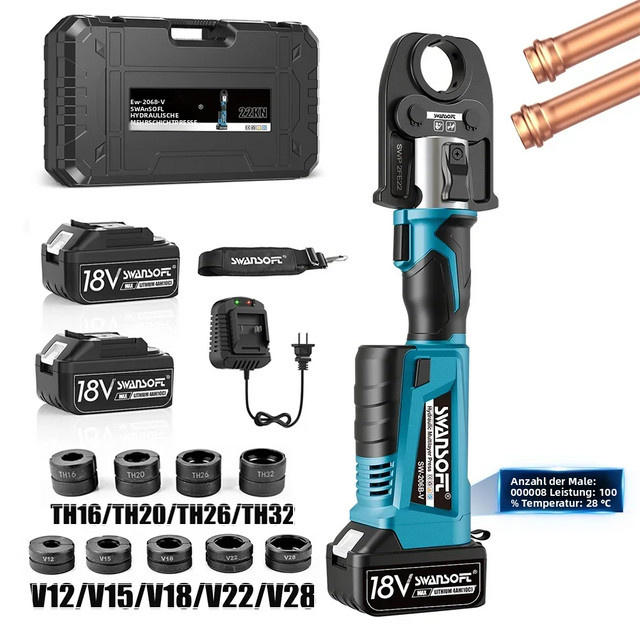 SWANSOFT 22KN Crimpwerkzeug Ersatzset in Schwarz für elektrische Rohrcrimpzangen TH16 TH20 TH26 TH32 sowie V12 V15 V18 V22 V28 zur Bearbeitung von Kupferrohren, Aluminiumrohren, Edelstahl und PVC-Schläuchen - Bild 1
