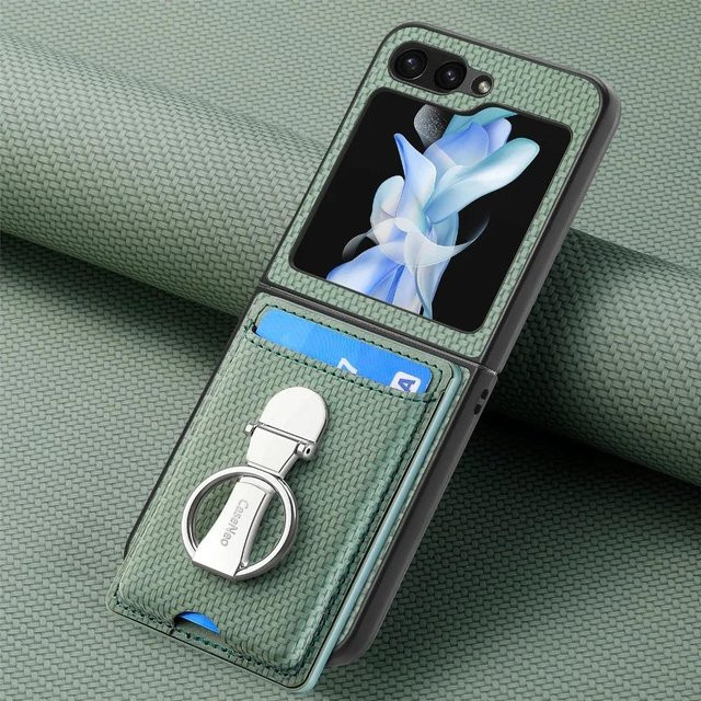 Samsung Galaxy Z Flip 6 5 4 3 2 Klapphandyhülle aus PU Leder mit Ring und Kartenhalter in Grün - Bild 1