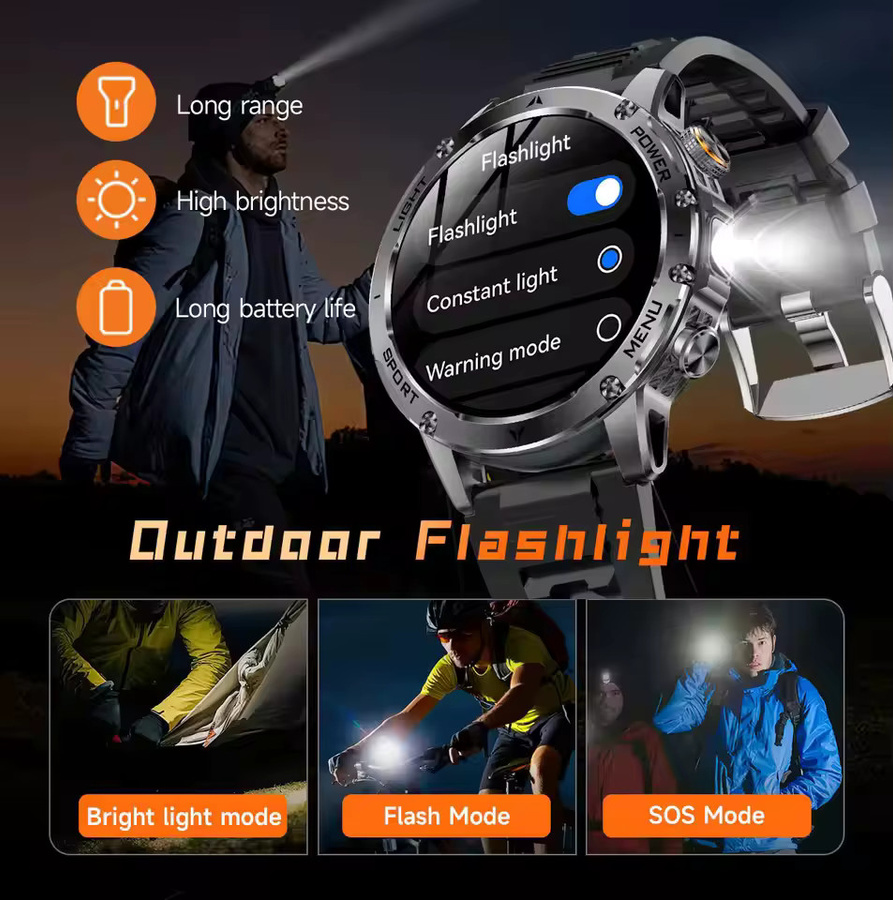 Militär-Smartwatch T-Rex 3 Ultra in Schwarz mit 1000mAh Akku, IP68 wasserdicht, Fitness-Tracker mit Herzfrequenzmessung und Taschenlampe für Herren - Bild 3
