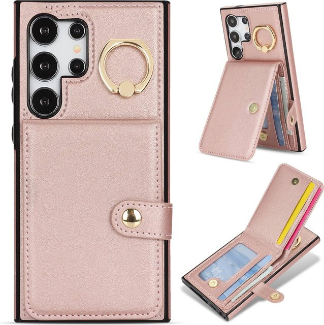 Samsung Flip Folio Book Hülle aus PU Leder mit Kartenhalter und Brieftasche für Galaxy S24, S23, S22 Ultra, S23 FE und Note 20 Ultra 5G in Gold und Pink - Bild 1