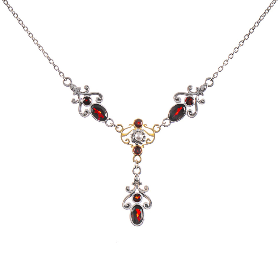 Collier 925 Silber, geschwärzt, teilvergoldet, Granat, Perle, Damen - Bild 1