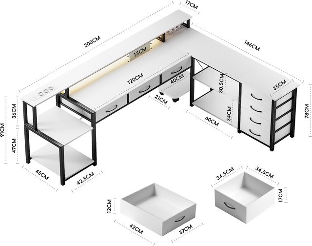 ThomP Eckschreibtisch L-förmig in Weiß mit LED-Beleuchtung und viel Stauraum für Home-Office und Gaming - Bild 1