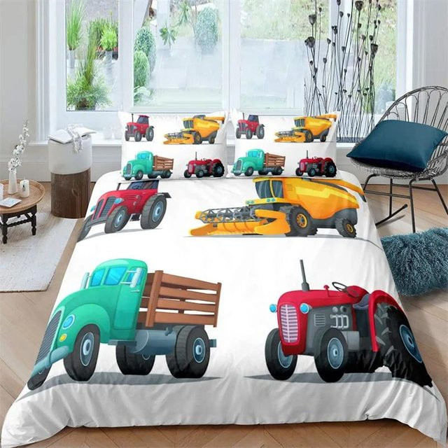 Bettbezug Set mit Baufahrzeug-Motiv für Kinder, Cartoon Bagger Traktor LKW Kran, 3-teilig, B/H: 245 x 210 cm - Bild 1