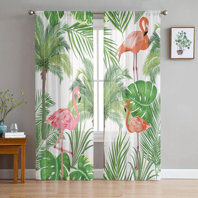 Transparente Voile-Vorhänge mit Flamingo und tropischen Blättern in Grün und Multicolour, Breite: 135 cm, Höhe: 115 cm - Bild 1