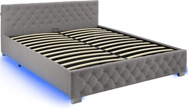 tectake Polsterbett Daytona in Samtoptik mit Steppmuster und indirekter LED-Beleuchtung, Grau, B/T/H: 217 x 187,5 x 57,7 cm, inklusive hochklappbarem Lattenrost und Stauraum - Bild 2