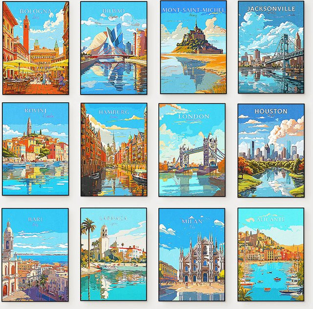 Minimalistischer Leinwandgemälde Wandkunstdruck Stadtreise-Landschaft von Potdemiel in Bunt - Bild 1