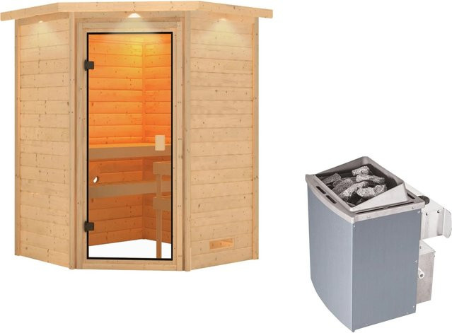 Karibu Massivholzsauna Antonia aus Fichte in Bronze/Braun mit 9 kW Ofen, integrierter Steuerung und LED-Dachkranz, B/T/H: 187 x 159 x 179 cm - Bild 1