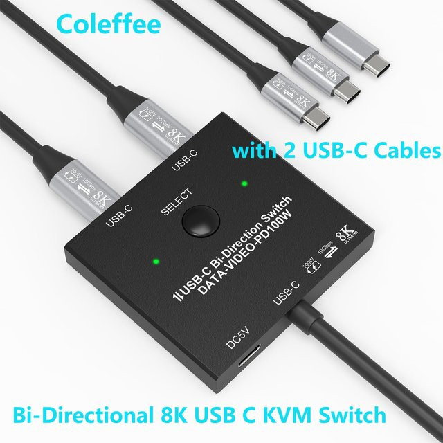 AIMOS Bidirektionaler USB-C-Switch für 2 Computer, 8K@60Hz und 4K@120Hz KVM-Switch-Splitter mit 100 W Ladefunktion und 10 Gbit/s Datenübertragung, Schwarz - Bild 1