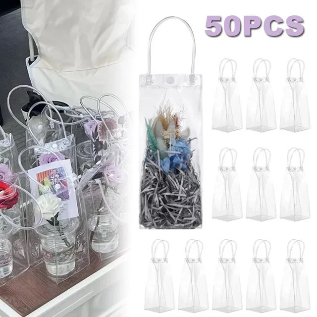 50 Stück transparente Geschenktüten aus Kunststoff mit Griff für Hochzeiten und Partys - Bild 1