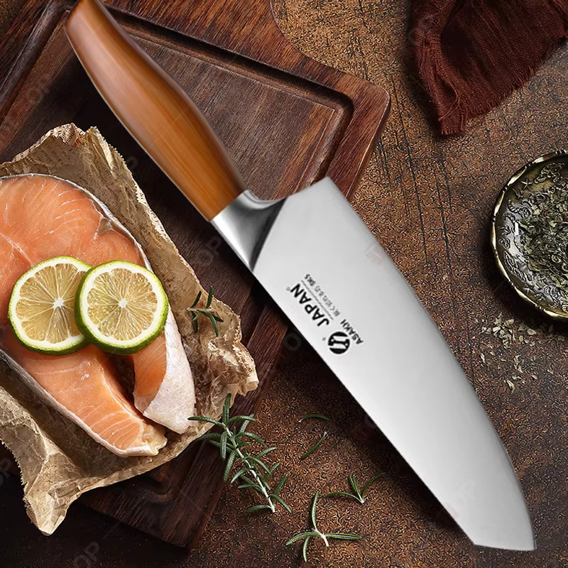 WXCOO Japanisches Küchenmesser-Set aus Edelstahl in Silber mit Holzgriff inklusive Fischschneidemesser, Ausbeinmesser, Schere und Obstschäler - Bild 4
