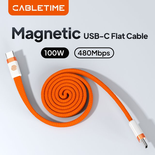 CABLETIME Magnetisches USB-C auf USB-C Flachkabel, 100 W Hochgeschwindigkeits-Transfer mit 480 Mbit/s, Orange - Bild 1