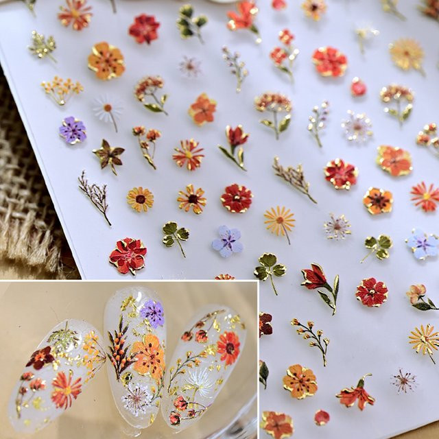 HotPress Nagelsticker, 5D Goldfolie, Bunte Wildblumen, Selbstklebend - Bild 1