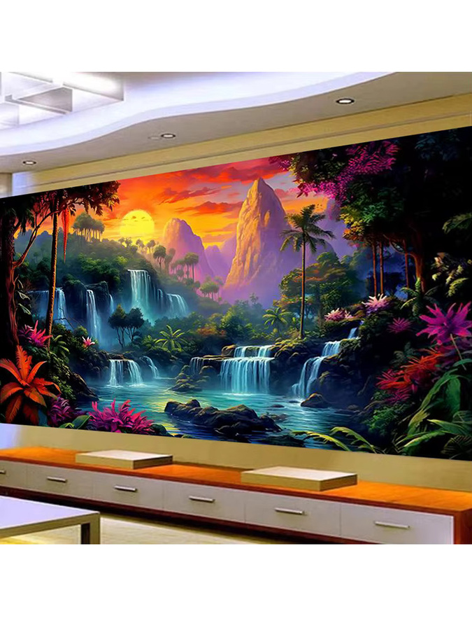 DIY Diamantmalerei Mond Berg Wasserfall Landschaft mit Blumen, Fullcang Mosaik Stickerei Bild in Multicolour, B/H: 200 x 100 cm - Bild 4