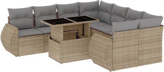 vidaXL 9-teilige Garten-Sofagarnitur in L-Form aus Poly-Rattan mit Kissen in Beige-Grau - Bild 1