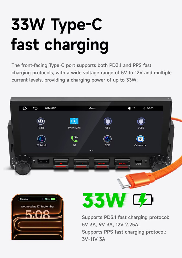 BQCC 1Din Autoradio mit 6,86 Zoll Display, Bluetooth, FM, 7-Farben LED-Beleuchtung, 33W, Typ-C Ladegerät, kabelloses CarPlay und Android Auto, Schwarz - Bild 4